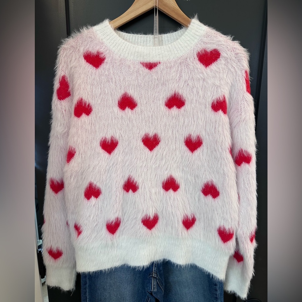 Fuzzy Heart Pattern Sweater - White and Red